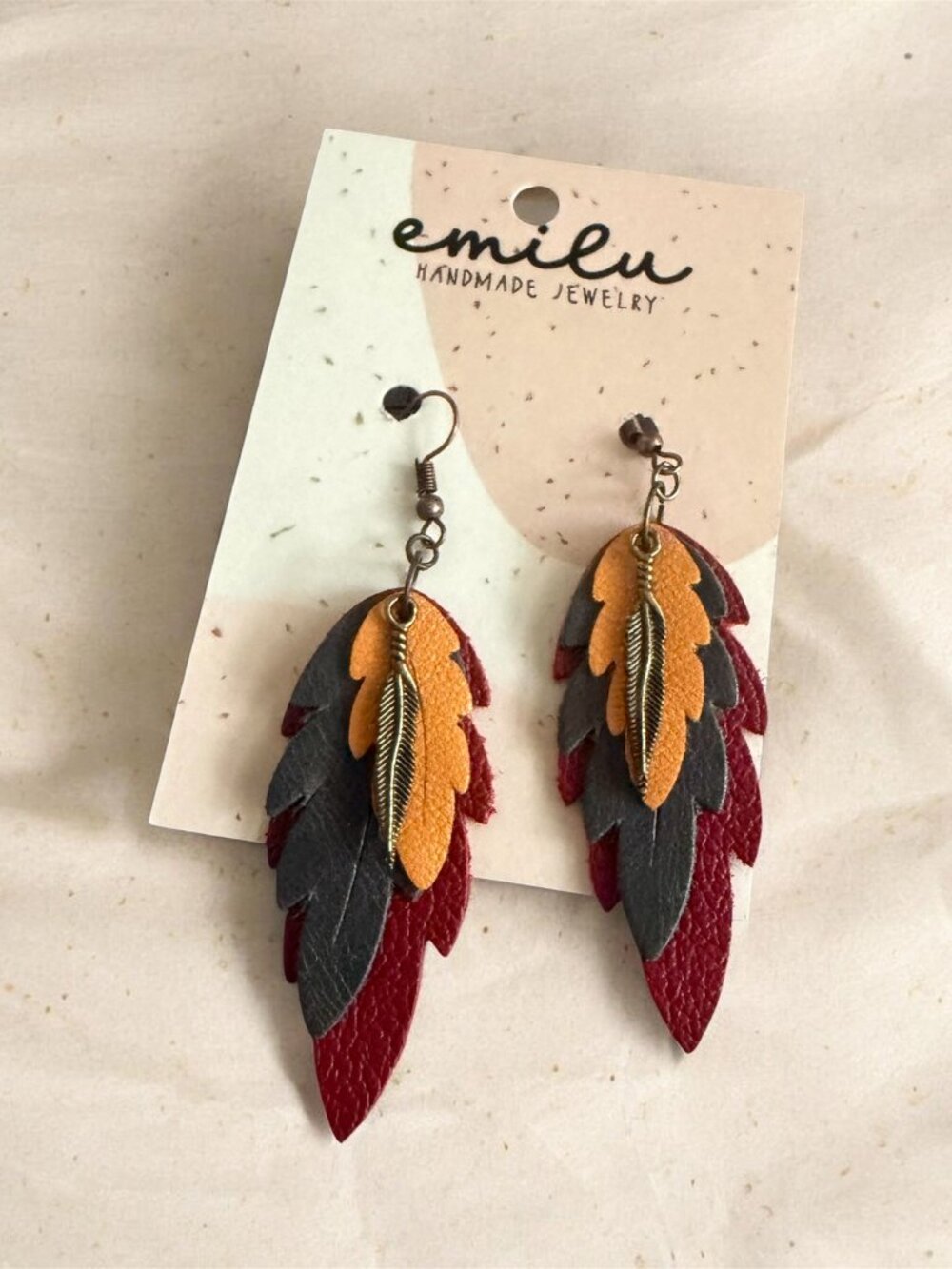 Layered Leather Feather Earrings, Antique Bronze Leaf Charm Dangles, Burgundy Mu
